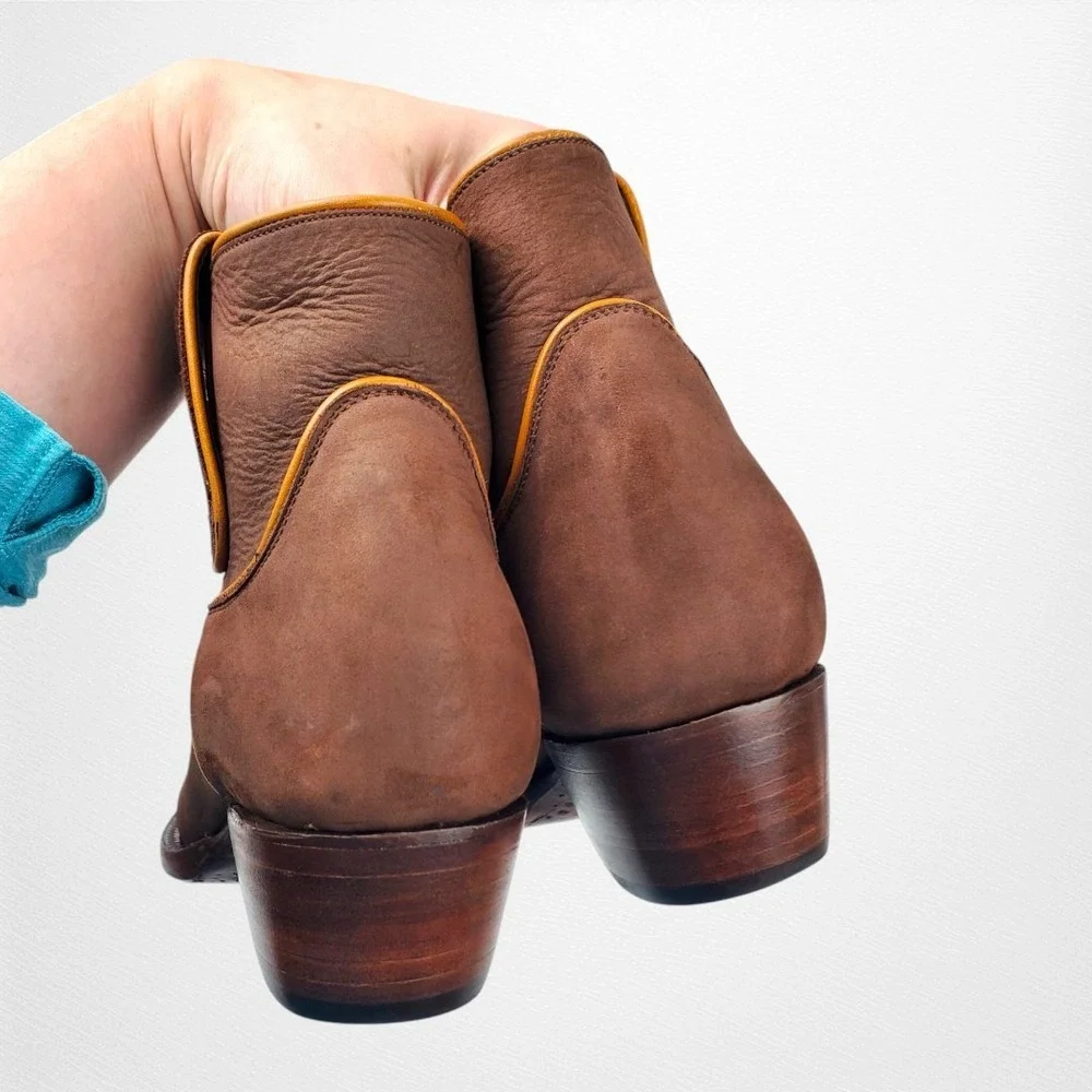 Allens Boots Brown Suede Leather Western Ankle Boots Yellow Piping 8.5 B